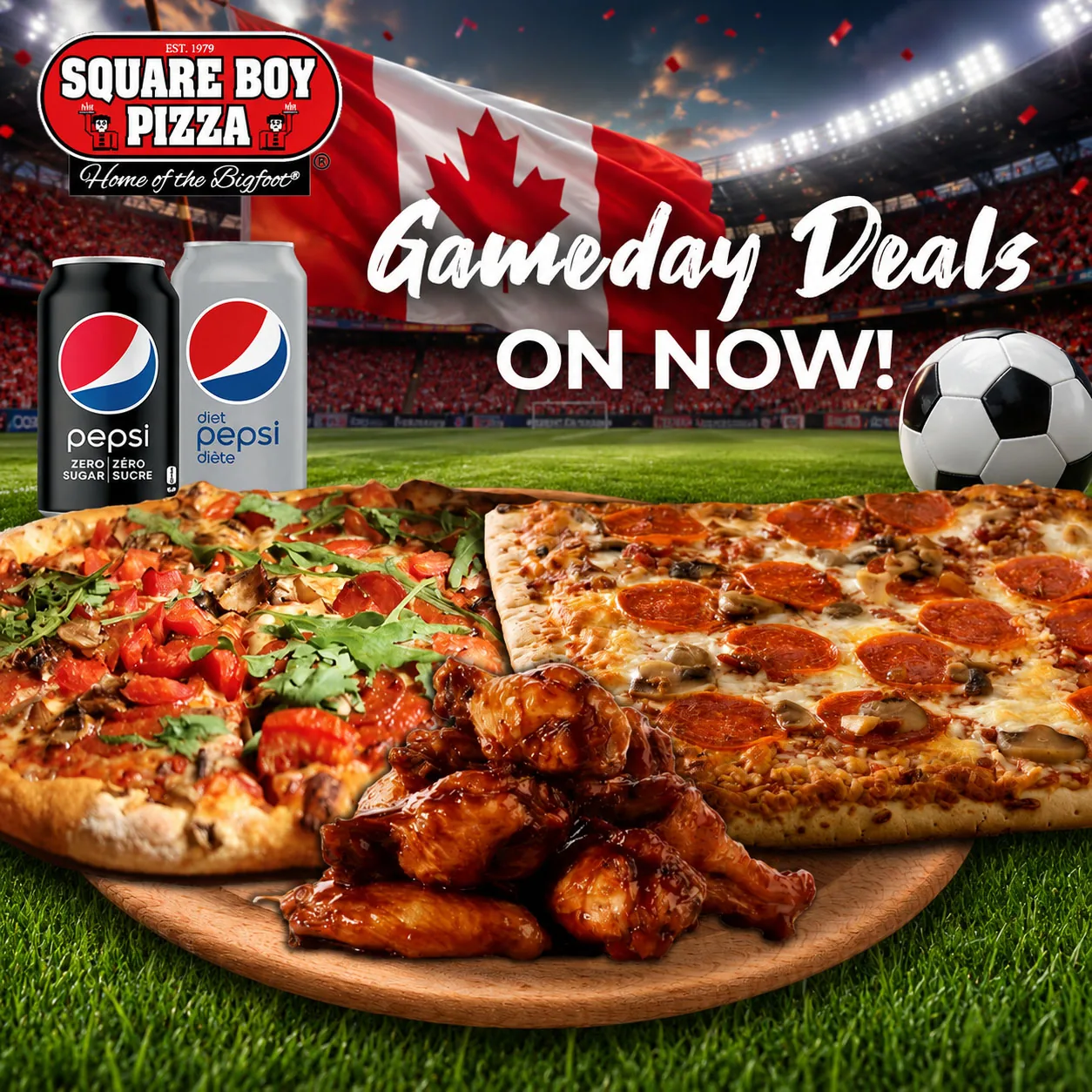 Square Boy Pizza game day deals graphic